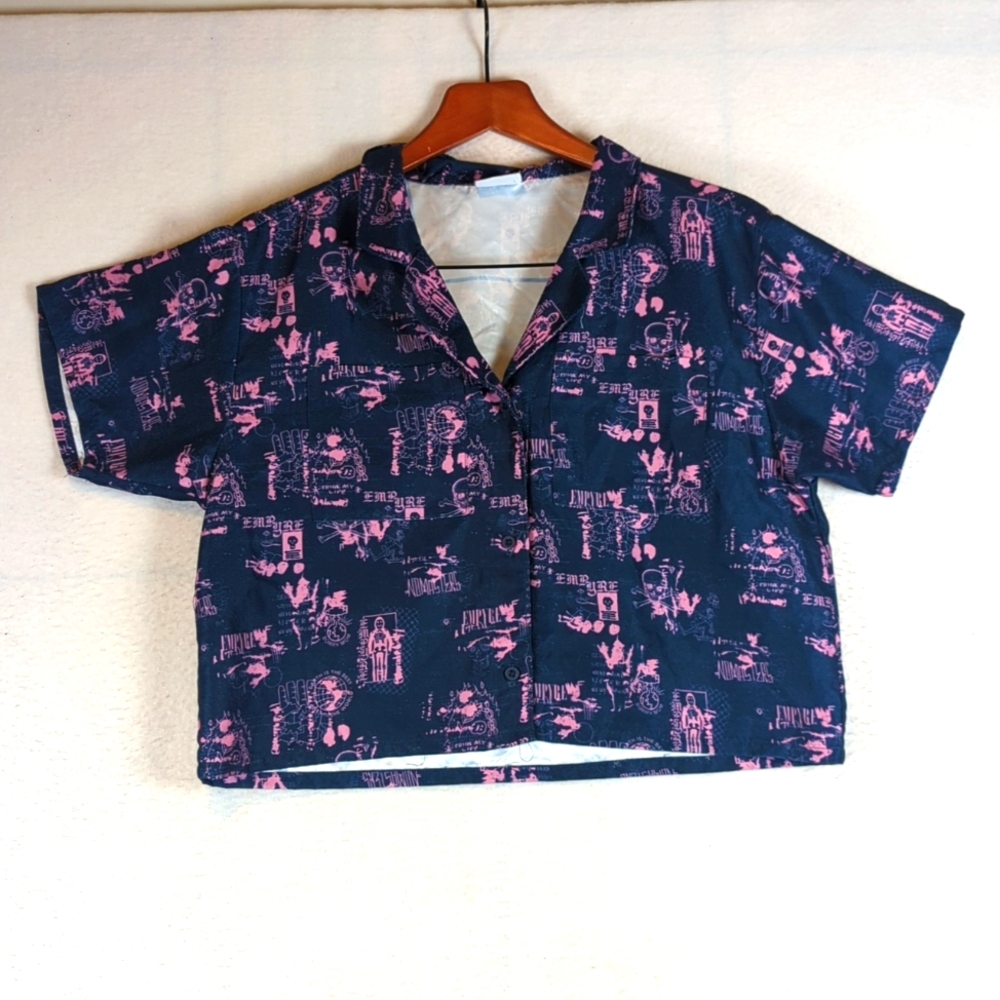 Empyre Pink &‎ Blue Skull Crossbones Boxy Button Down Shirt S